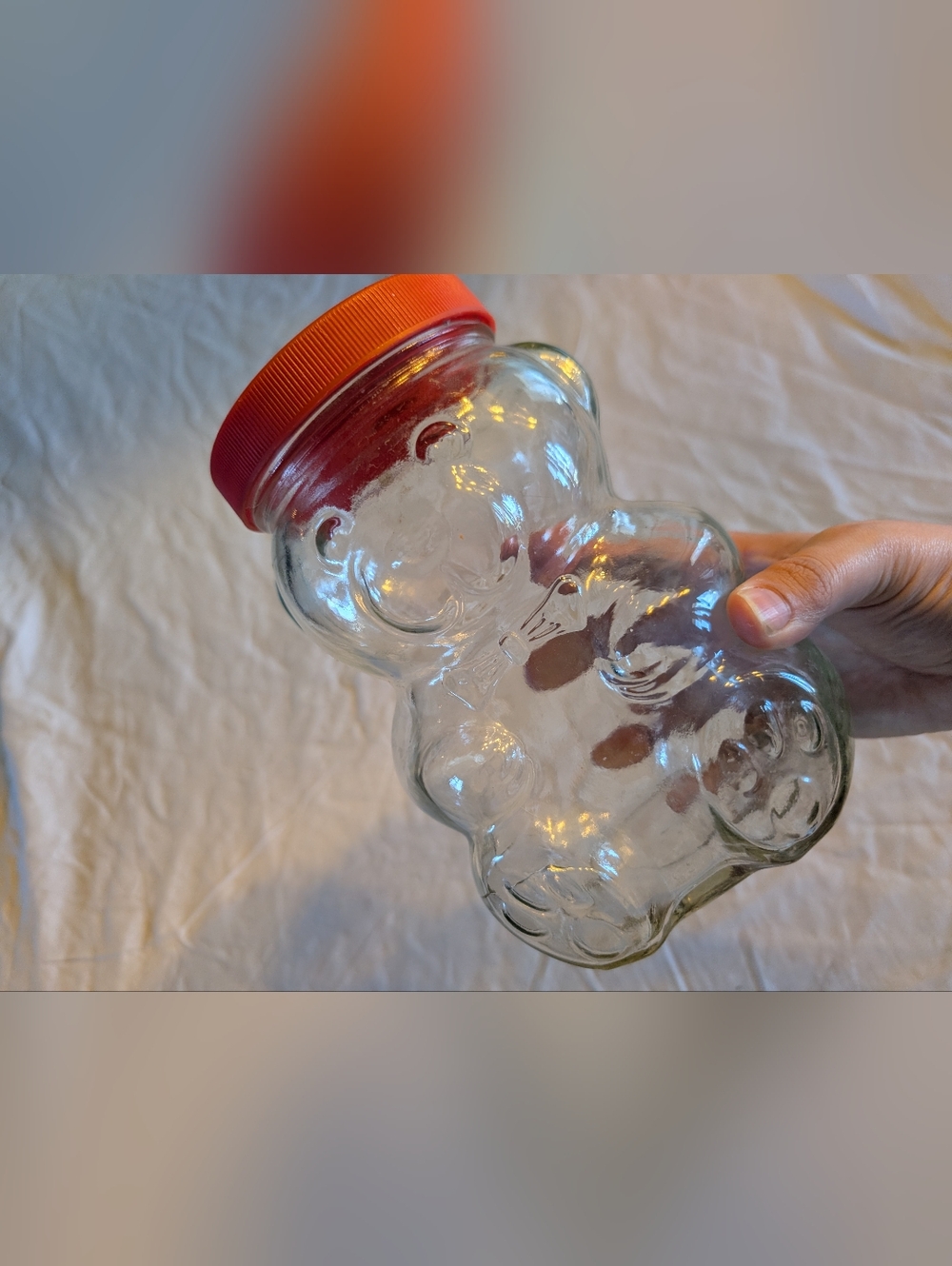 2/20$ Vintage Clear Glass Bear Jar with Orange Lid